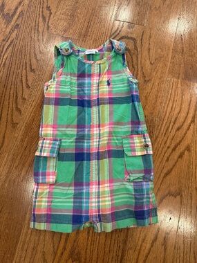 Ralph Lauren Baby Boy Shortall Green Plaid 12 Month Lightweight